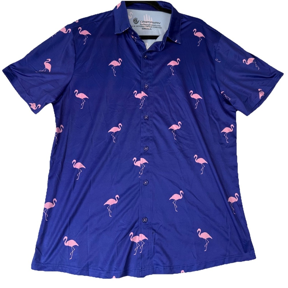 Castaway Casual Polo Shirt Mens S Pink Flamingo Button Up Performance Stretch